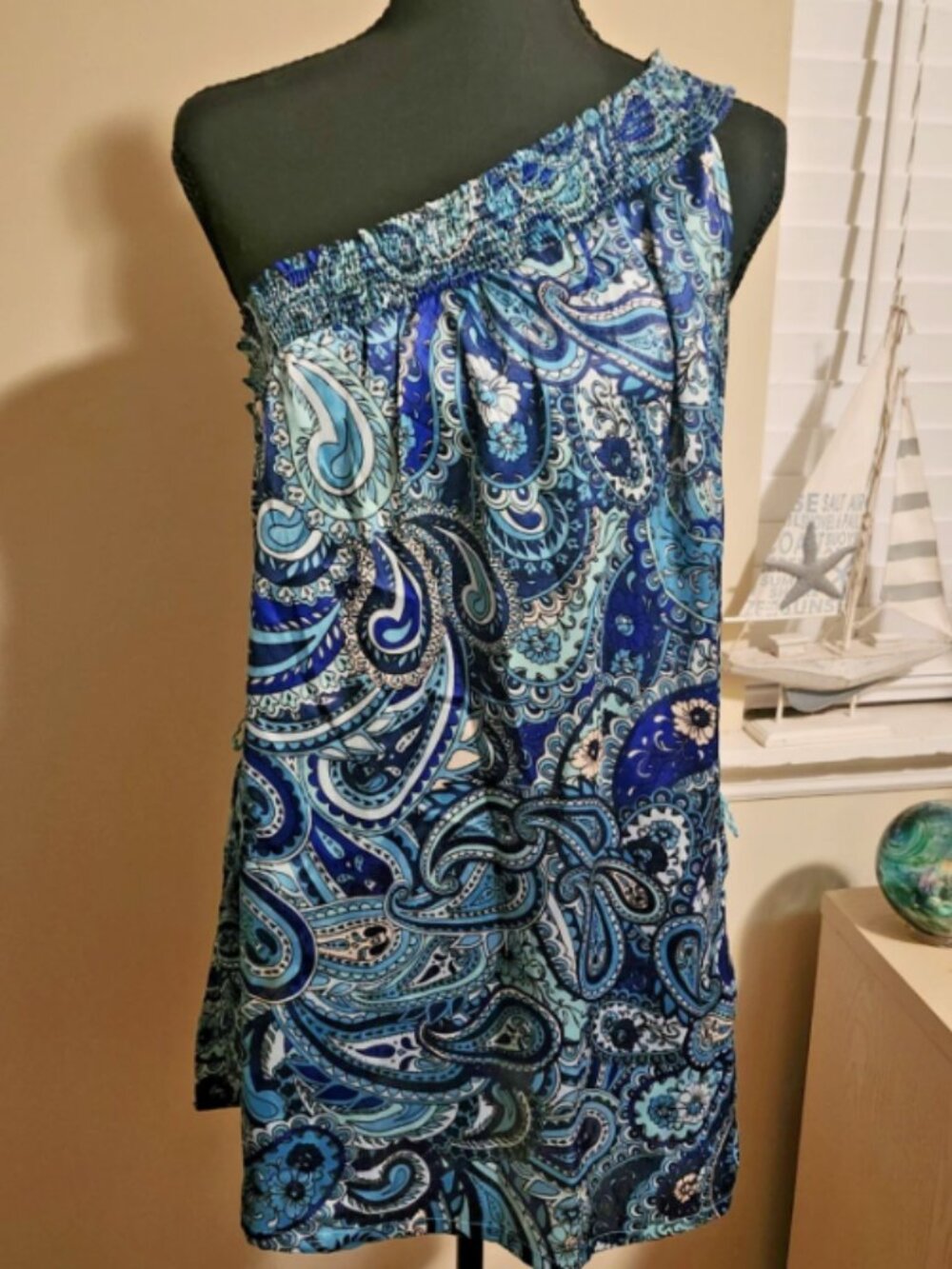 Arden B RARE Y2K Blue Paisley One Shoulder Dress L/XL Coastal Resort Vacation